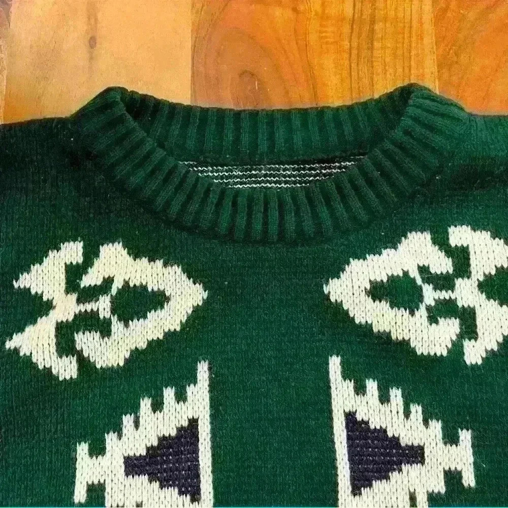 Vintage Bohemian Oversized Multicolored Green Pattern Crew Neck Sweater jumper - Picture 6 of 15